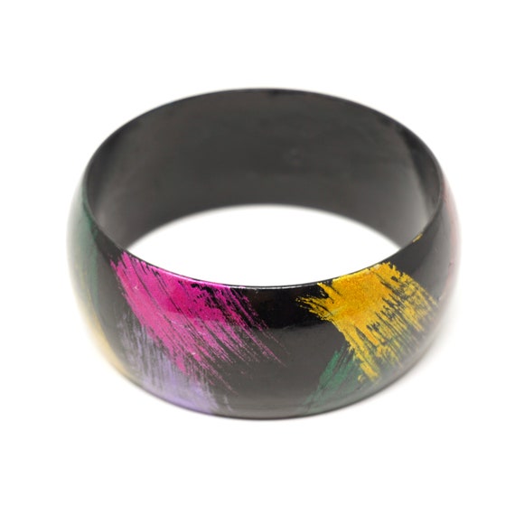 Vintage Black Bangle Multicolor Brushstroke Bracelet 1980s Chunky Bangle Jewel Tone Hand Painted Strokes Colorful 80s Accessory New Wave