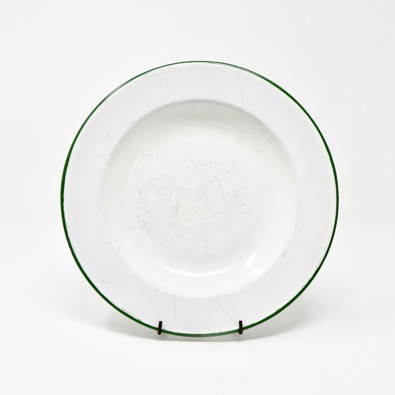 Vintage White Enamelware Plate Green Rim Enamel Camping Tin Dish Pie Plate