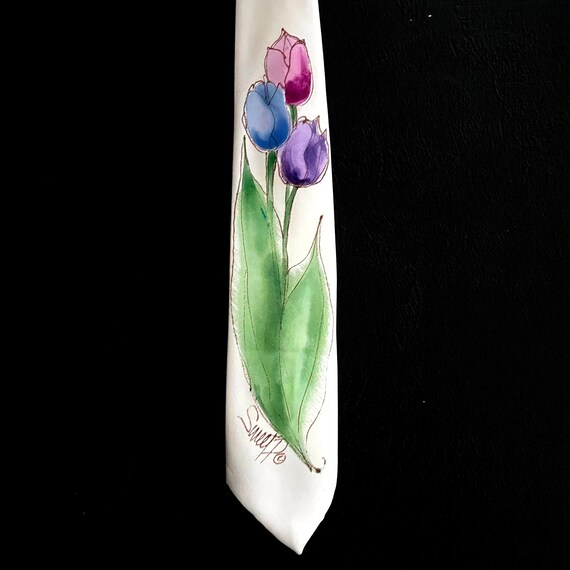 Vintage Tie Hand Painted Tulips Necktie Purple Blue Green White Sweet P Design New York Spring Themed Floral Tie Painted Pastel 80s Menswear
