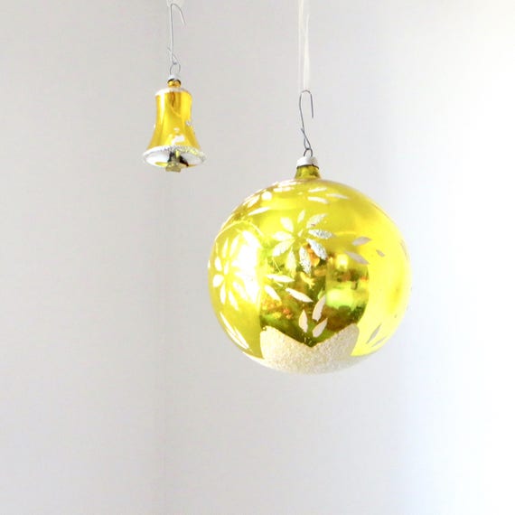 Vintage Gold Glass Ornaments Large Ball with White Sugar Star Small Glitter Bell 1960s
