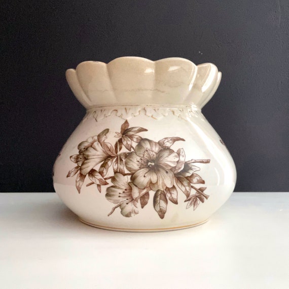 Antique Spittoon Brown Floral Transferware Vessel Scalloped Rim Flared Ceramic Pot Cuspidor Tobacciana Early 1900s Farmhouse Pottery Crazed