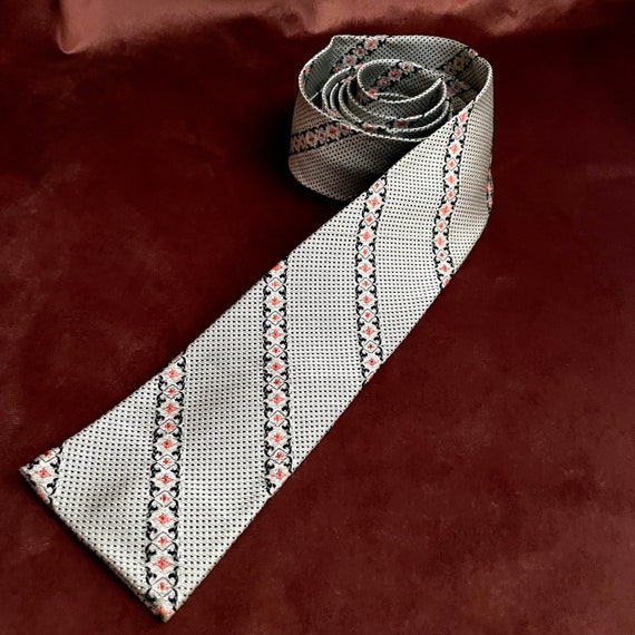 Vintage Tie Grey and Pink Skinny Tie with Square Bottom in a Brocade Fabric with a Diagonal Fancy Stripe Neck Tie 1940s Menswear Accessory