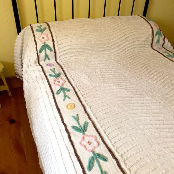 Vintage Chenille Bedspread White Wavy Lines Pink Purple Yellow Flowers Brown Border Coverlet Full Size Tufted Chenille 1950s Bedding Rare