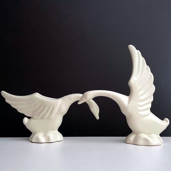 Vintage Swans Ceramic Off White Matte Glazed Water Birds In Profile Outstretched Wings Love Birds Figurines Pair Matching In Different Poses