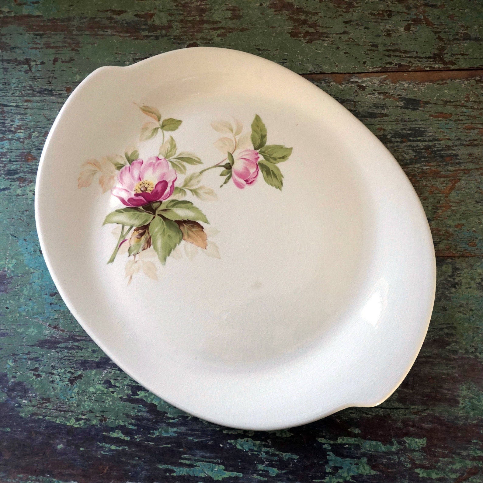 Vintage Platter Pink Rose Floral Oval Plate Asymmetrical Etsy