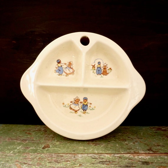 Vintage Baby Bowl 1940s Dutch Children Motif Divided Babies Warming Dish Excello Ceramic Windmill Holland Scene Blue Peach Yellow Baby Decor