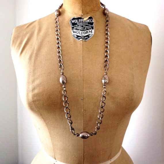 Vintage silver chain necklace silver beads hollow… - image 2