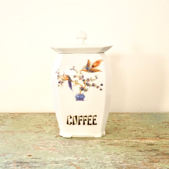 Vintage 1920s Canister Deco Labeled Coffee White Porcelain Jar with Lid Birds of Paradise Victoria F.C.Co. Czechoslovakia Coffee Bean Holder