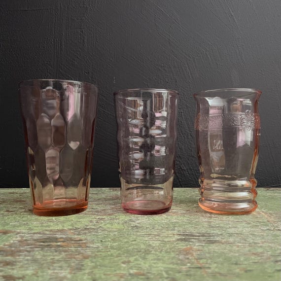 Vintage Glass Tumbler Set of 3 Rose Colored Glasses Pink Barware Clear Water Cup Blush Color Glass Hi Ball Unique Curated Instant Collection