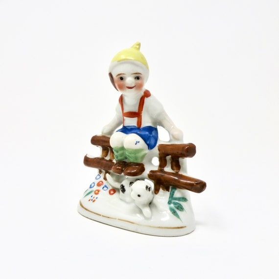 Vintage Elf with Lederhosen and Cat on Fence Japan 1950s Little German Boy Yellow Hat