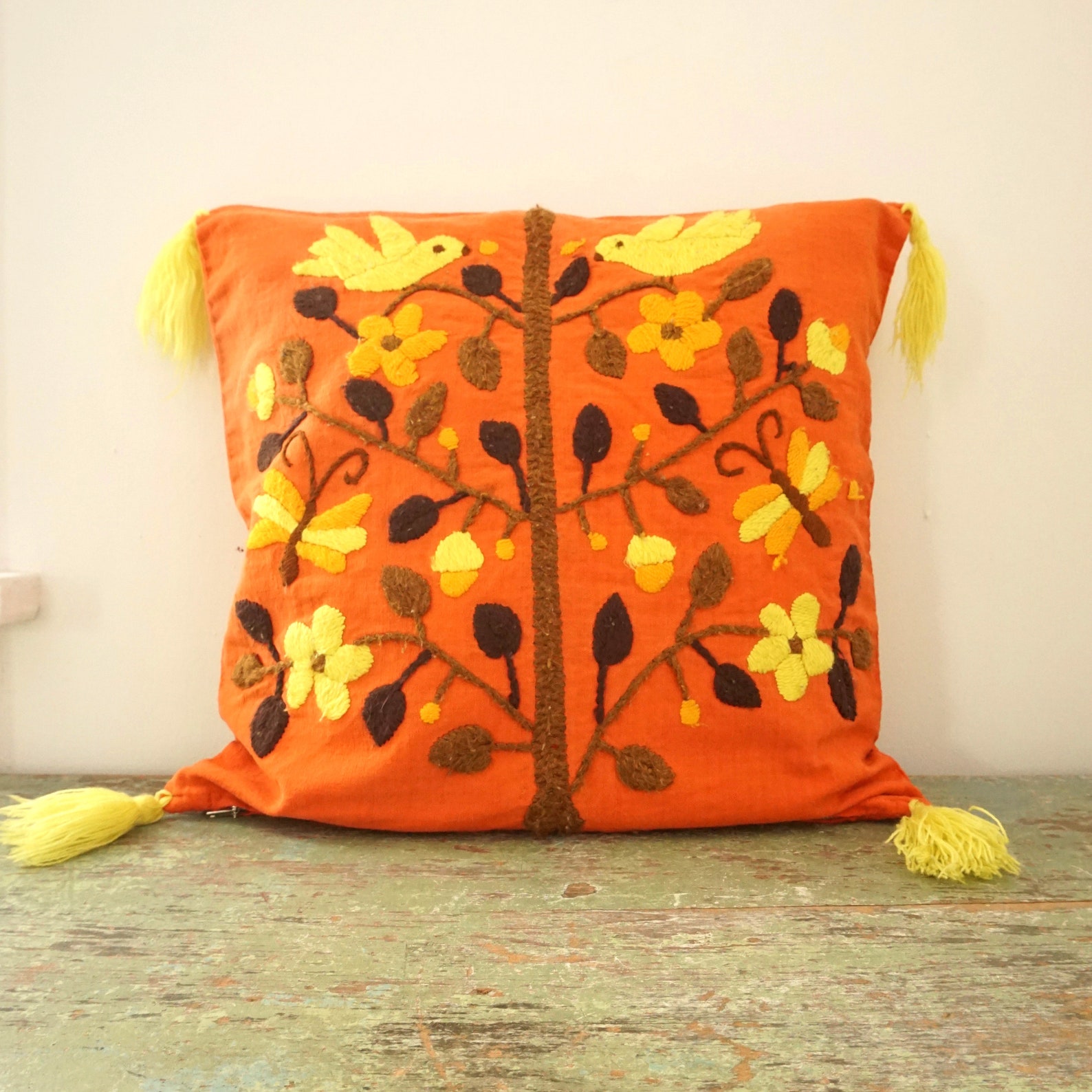 Vintage Toss Pillow Orange Tree of Life Bird Butterflies Etsy