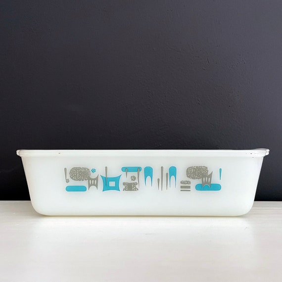 Vintage Fire King Blue Heaven Royal Loaf Pan Casserole Dish White Glass Aqua Gray Atomic Pattern 1950s MCM Kitchen Cookware Bread Pan 10.5"