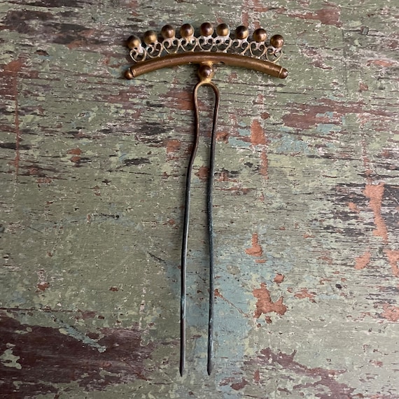 Antique Hair Pin Brass Oxidized Late Victorian St… - image 3