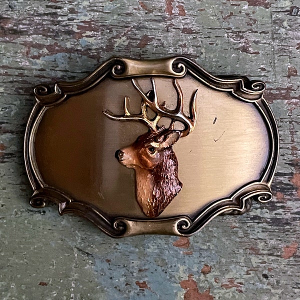 Vintage Buck Belt Buckle Large Brass Buckle Stag Head Medallion Ornate Scallop Edge Metal Buckle 1970s Raintree Deer Motif Hunter's Belt