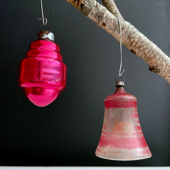 Vintage Glass Bell Magenta Bulb Pink Christmas Ornament Pair Clear Glass Bell Hand Painted Stripes & Mid Century Silvered Bulb Fuchsia RARE