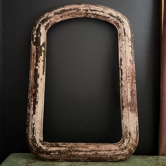 Antique Frame Pink Brown Chippy Painted Wood Plaster Late 1800s Beveled Frame Curved Top Opening 12" x 18" No Glass