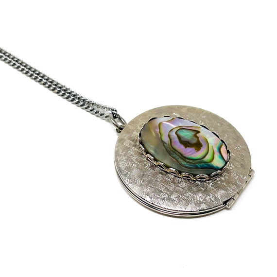 Vintage Locket Oval Abalone Shell Inlay on a Textured Silver Tone Locket for 2 Photos Hinged at Top Long Chain Necklace with Locket Pendant