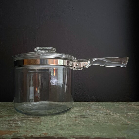 Vintage Pyrex Flameware 6283L 1 1/2 Quart Double Boiler Clear Glass Lower Insert & Lid Only Missing Bottom Part 2 Pieces Only Missing Insert