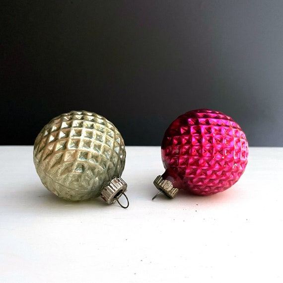 Honeycomb Ornaments Magenta and Aqua Silvered Glass Textured Bulbs 1960s Vintage Christmas Glass Balls Pair Fluted Caps Likely Shiny Brite
