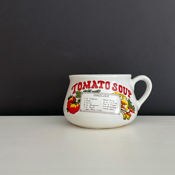 Vintage Tomato Soup Mug Recipe Bowl for Soup with Handle White Ceramic Large Mug Red Lettering Classic 1980s Kitchen