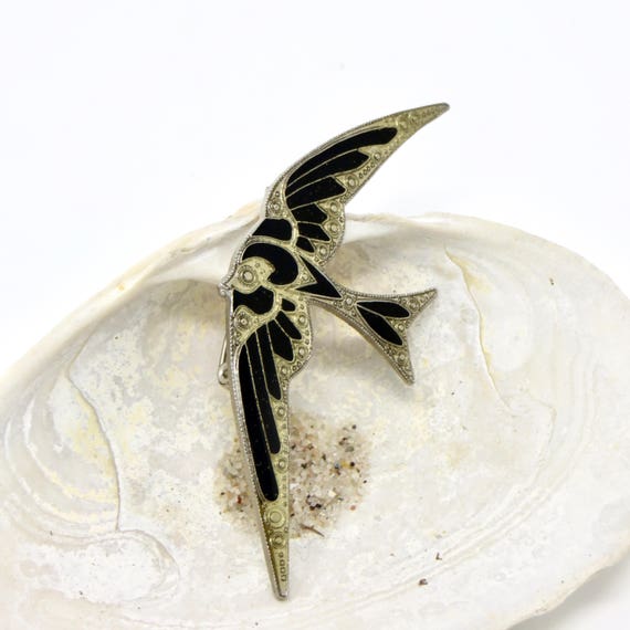 Vintage Fish Brooch Marcasite Black Enamel Angel Fish Pin 1