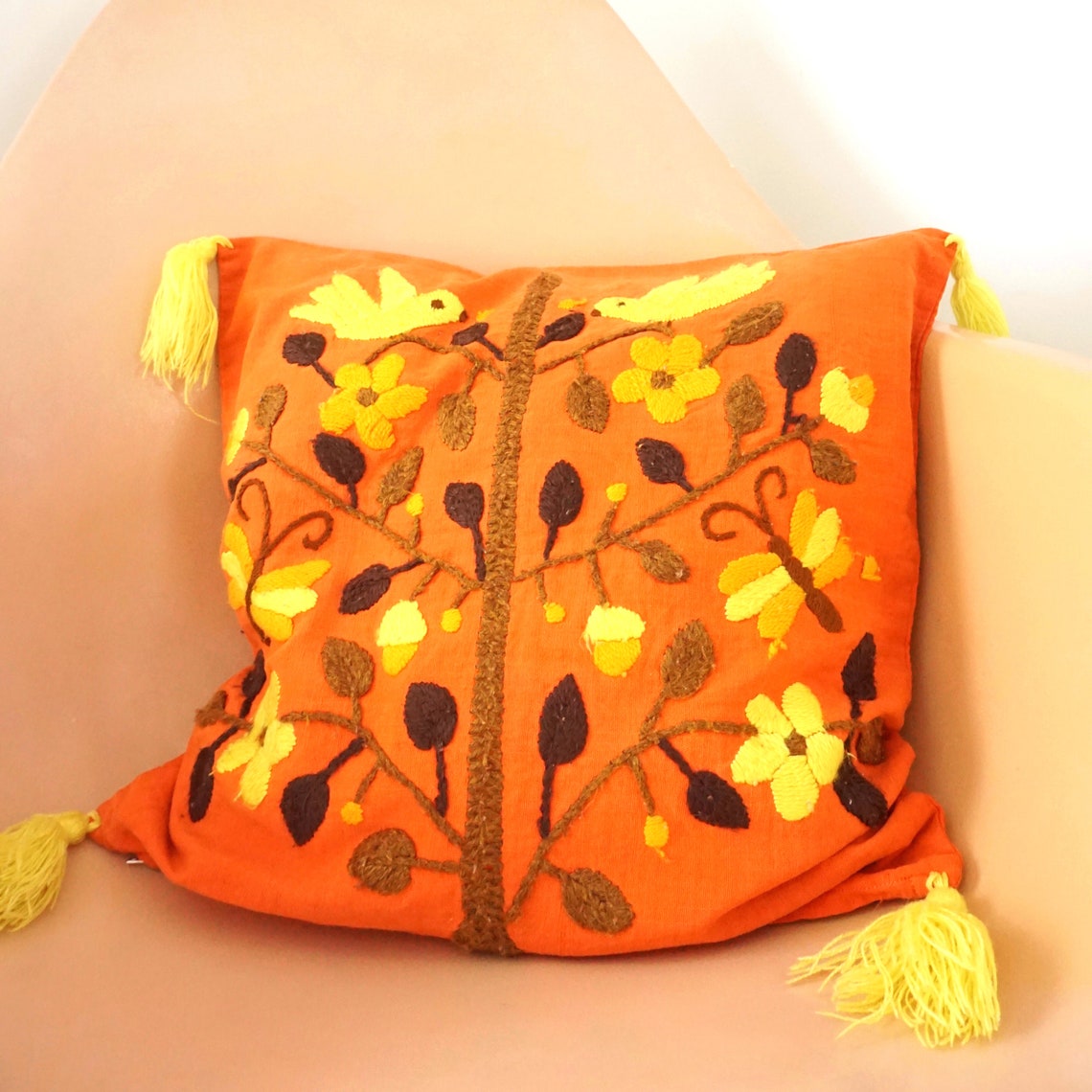 Vintage Toss Pillow Orange Tree of Life Bird Butterflies Etsy