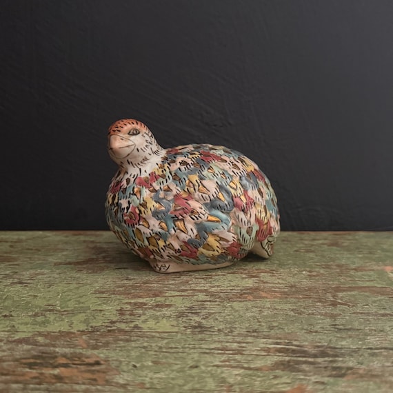 Patridge Figurine Vintage Hand Painted Ceramic Bird with Gold Accents