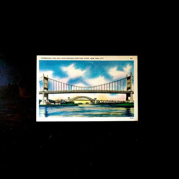 Vintage Postcard NYC Triborough Bridge Hell Gate Bridge East River New York City Photo Colourpicture Image Unused Linen Post Card 1940s