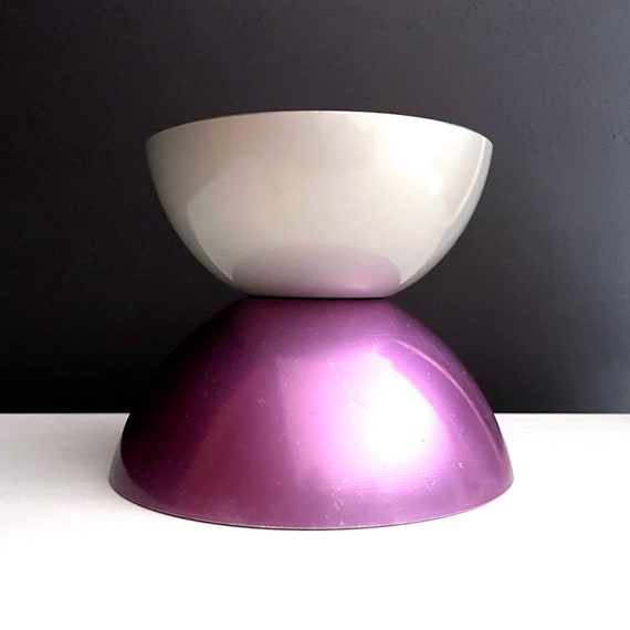 Vintage Emalox Bowls Purple Enameled Silver Enamel Metal Bowl Norway Mid Century Modern Metallic Enamelware 6 inch and 5 inch Bowls Set of 2
