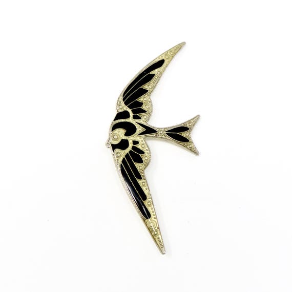 Vintage Fish Brooch Marcasite Black Enamel Angel … - image 3