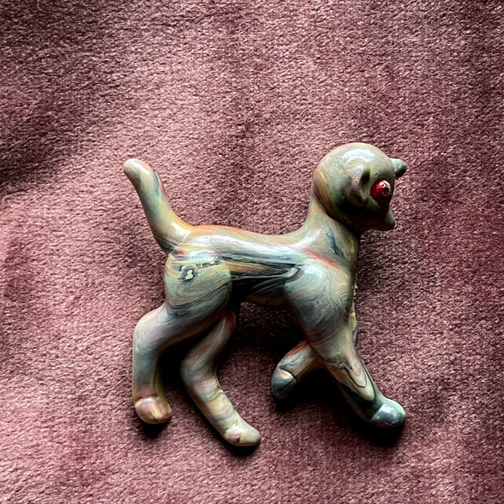 Vintage Cat Pin Marbled Plastic Mid Century Kitty Brooch Mauve Yellow Grey Kitten Pin Muted Tone Red Eye Cat Kitsch Costume Jewelry Cat Lady