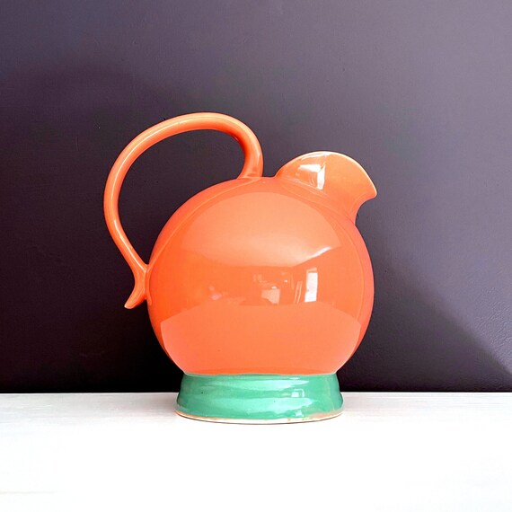 Vintage Pitcher Salmon Green Lindt Stymeist '80s Colorways Ceramic Pitcher Globe Shaped Vessel Bold Pastel Coral Sea Green Post Modern Japan