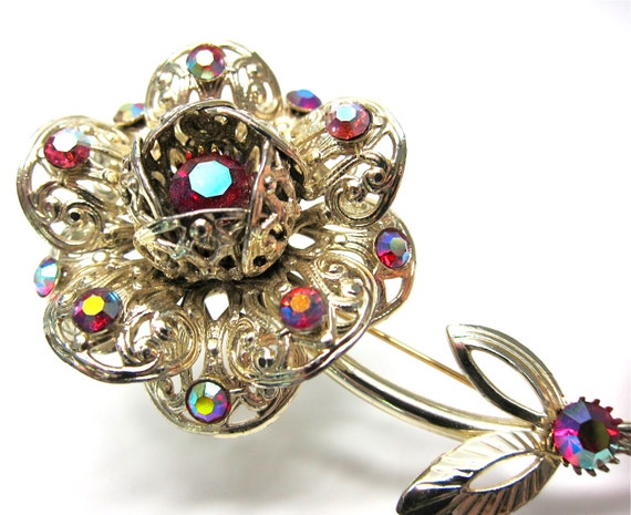 Vintage Sarah Cov Brooch Flower Aurora Borealis Crystals