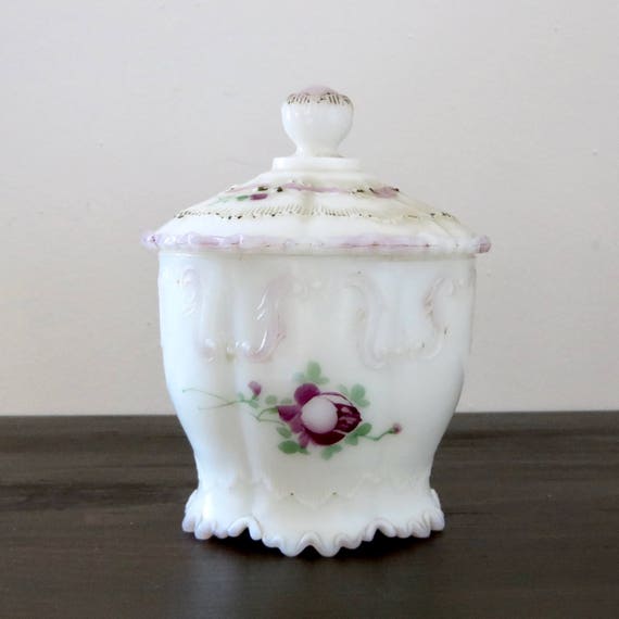 Antique Dithridge Sugar Bowl with Lid Astoria Rose Pattern 1900s Pressed Glass Hand Painted Pink