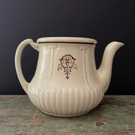 Vintage Tea Pot Porcelier Pale Yellow Brown Nouveau Design Vitreous China Coffee Pot 1920s-30s