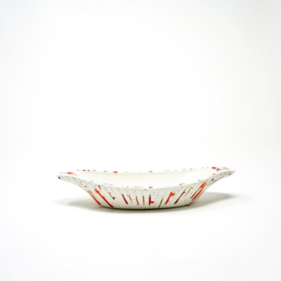 Vintage Splatter Ceramic Dish White Orange Multicolor Confetti Speckled and Drips Oblong Boat Shape Bowl Mid Century