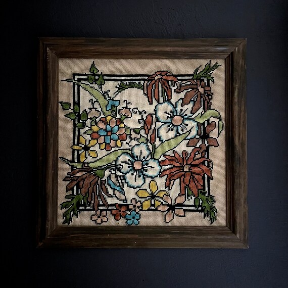 Vintage Wall Art Floral Needlepoint Framed in Dark Wood 1970s Earth Tones Blue Daisies Groovy Wall Decor Handmade One of a Kind