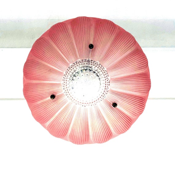 Vintage Glass Shade for Ceiling Fixture Art Deco Style Sunflower Pink Frosted Glass Molded Clear Hobnail Center 3 Holes For Hanging Chains