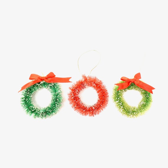 Vintage Bottle Brush Wreath Ornaments Green Red Ribbon Bright Green or Red Classic Retro Holiday Ornament Crafting Supply Christmas Scene