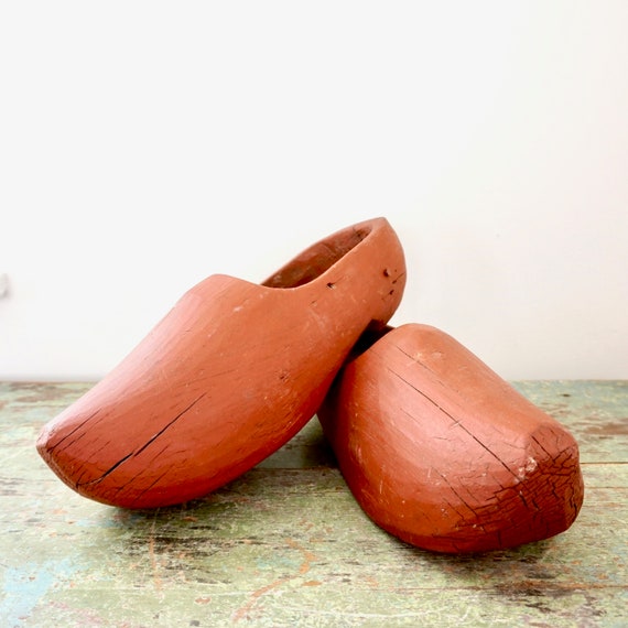 Vintage Clogs Wooden Shoes Painted Rust Red Large Wood Clog Pair Rustic Distressed Farmhouse Décor Old World Europe Netherlands Holland Shoe