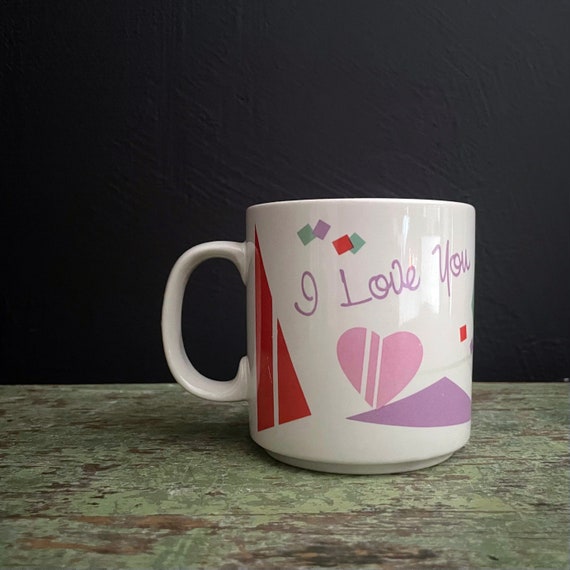 Vintage Love Mug Hearts I Love You Mug 1980s Abstract Heart Geometric Shapes Pastels and Red Valentine's Day Mug Russ Coffee Cup