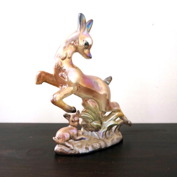 Vintage Deer Lusterware Porcelain Prancing Deer Baby Doe Figurine 1950s Kitsch Iridescent Glazed Italian Ceramic Marked Cemas DAMAGED AS IS