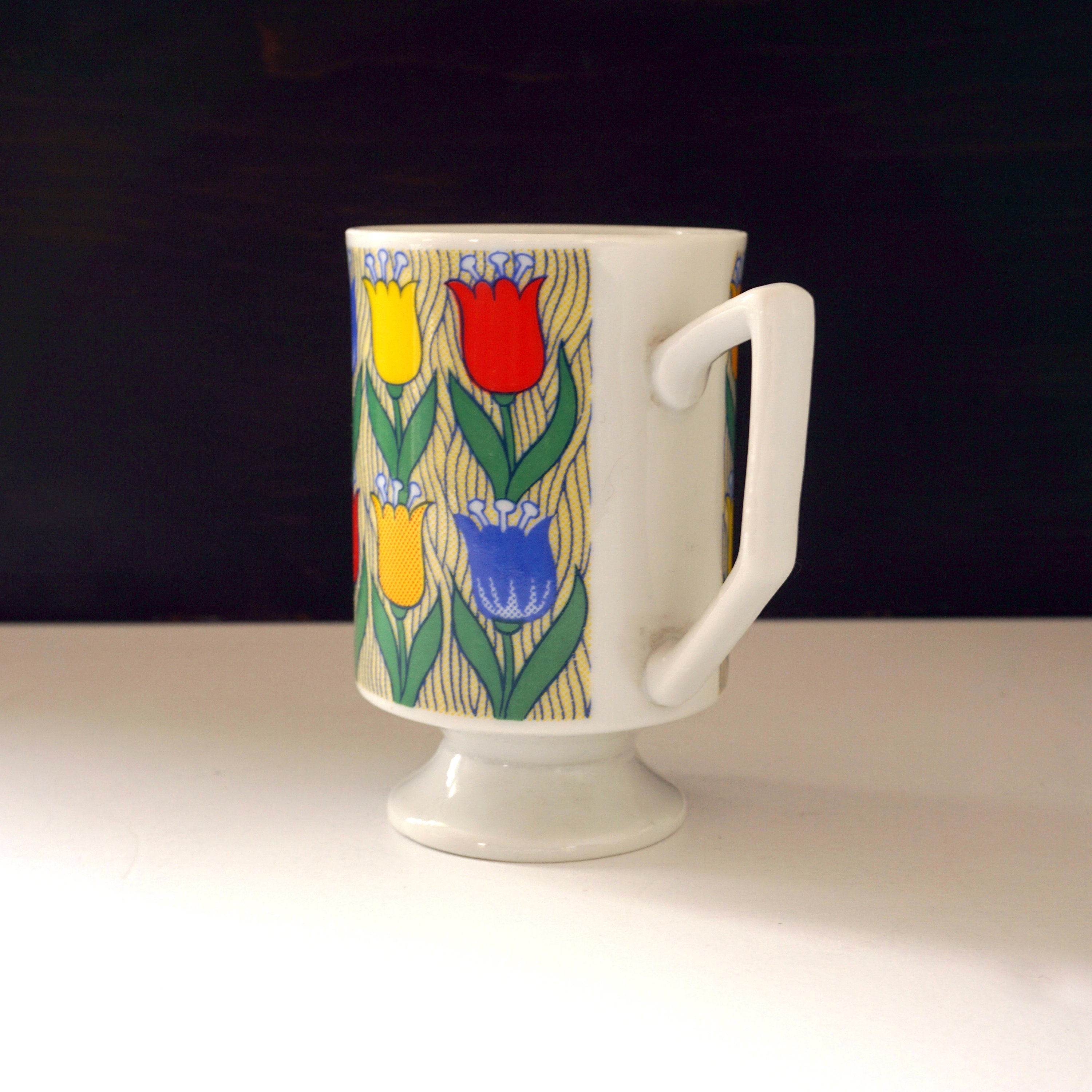 Vintage Tulips Mug Pedestal Shape White Porcelain Mug Footed Printed