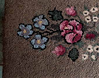 Antique Footstool Needlepoint Pink Blue Floral on Pea Green Wool Crewel Work Needle Point Covered Handcrafted Ottoman Victorian Foot Stool