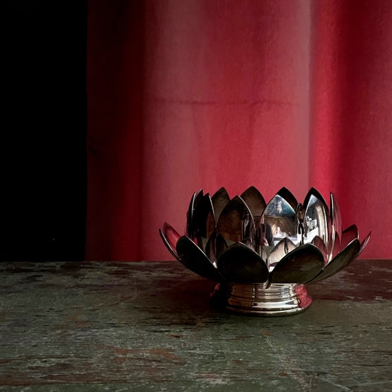 Vintage Lotus Bowl Flower Display 3 Piece Set Silverplate Reed & Barton Centerpiece Metal Water Lily Pedestal Dish Metal Flower Frog Insert