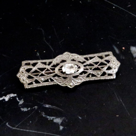 Sterling Brooch Victorian Style Vintage Bar Pin Filigree Faux Diamond 1980s