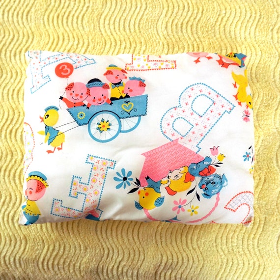 Vintage Baby’s Pillow Puppies Piglets Ducklings Bright Pastels Crib Pillow Nylon Cover Alphabet Letters Nursery Decor Kitsch 3 Little Pigs