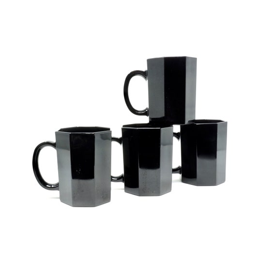 Vintage Mugs Black Glass Arcoroc France Glass Octime Set of 4 Handled Coffee Cups Octagonal Shaped Contemporary 80s Opaque Glass Dinnerware