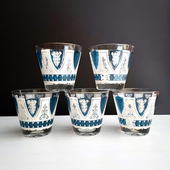 Vintage Rocks Glasses MCM Style Fred Press Likely Aquamarine Blue White Low Balls Shield Scroll Design Gold Rim Old Fashioned Glass Set of 5
