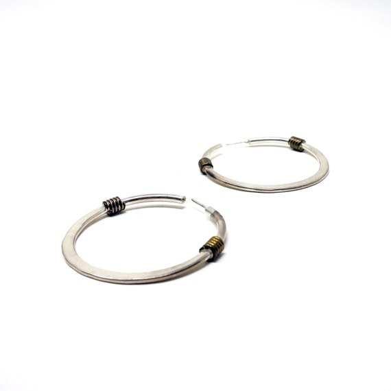 Vintage Silver Hoop Earrings Wrapped In Gold Tone… - image 7